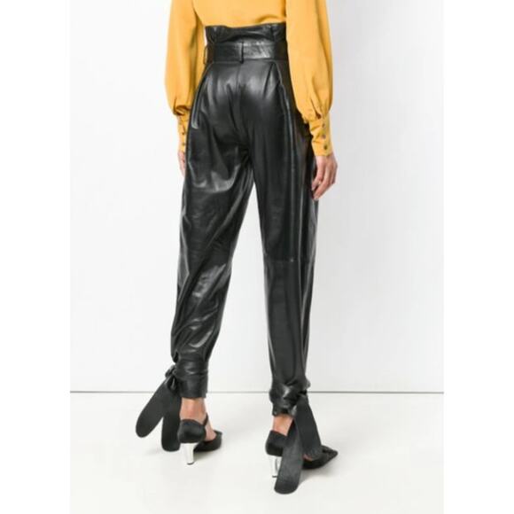 ATTICO Women's Leather Paper Bag Pants IT 40 US Small Black Tie Cuff Belted NWT - Picture 3 of 14